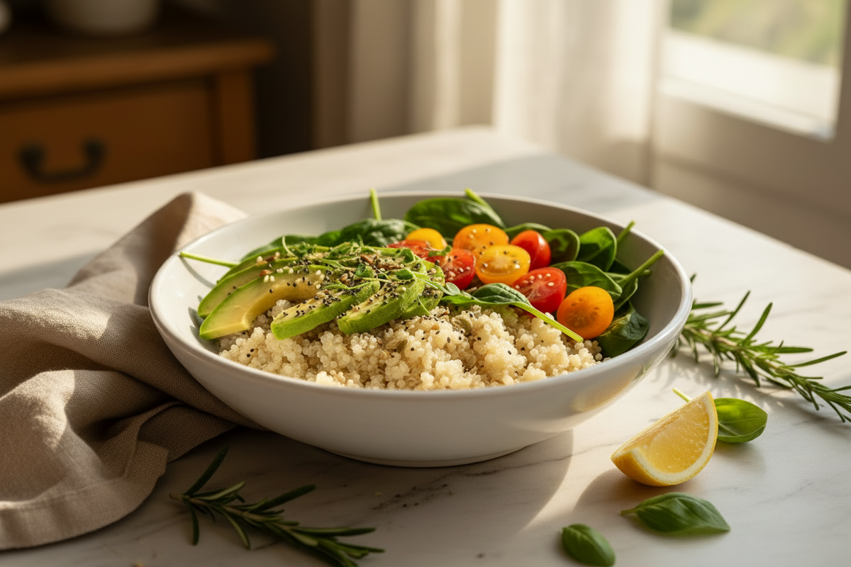 Vegan Quinoa Breakfast Bowl with Avocado and Spinach